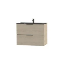 Tiger Studio Badkamermeubel 80 Cm Naturel Eiken Met Wastafel Polybeton Mat Zwart Greep Rvs Plat -Prachtige Badkamerwinkel 123 1223