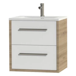 Tiger Badkamermeubel Boston 60 Cm Chalet Eik Met Polybeton Wastafel Wit En Ronde Grepen RVS -Prachtige Badkamerwinkel 123 1335