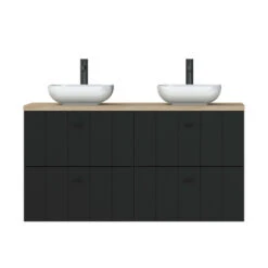 Tiger Maryport Badkamermeubelset 120 Cm Mat Zwart Met Licht Eiken Houten Wasblad, Keramische Opzetkommen En Matzwarte Grepen -Prachtige Badkamerwinkel 123 1361