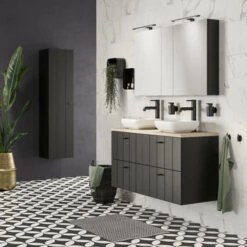 Tiger Maryport Badkamermeubelset 120 Cm Mat Zwart Met Licht Eiken Houten Wasblad, Keramische Opzetkommen En Matzwarte Grepen -Prachtige Badkamerwinkel 123 1366