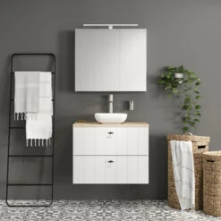 Tiger Maryport Badkamermeubelset 80 Cm Mat Wit Met Licht Eiken Wasblad, Keramische Opzetkom En Matzwarte Grepen -Prachtige Badkamerwinkel 123 322