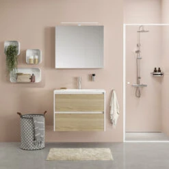 Tiger Reverse Meubelset 60 Cm Met 2 Lades Naturel Eik / Mat Wit Inclusief Quadro Wastafel Hoogglans Wit -Prachtige Badkamerwinkel 123 726