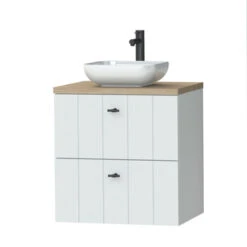 Tiger Maryport Badkamermeubelset 60 Cm Mat Wit Met Licht Eiken Wasblad, Witte Keramische Opzetkom En Matzwarte Grepen