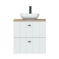 Tiger Maryport Badkamermeubelset 60 Cm Mat Wit Met Licht Eiken Wasblad, Witte Keramische Opzetkom En Matzwarte Grepen -Prachtige Badkamerwinkel 123 829