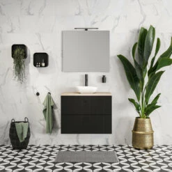 Tiger Maryport Badkamermeubelset 80 Cm Mat Zwart Met Licht Eiken Houten Wasblad, Keramische Opzetkom En Matzwarte Grepen -Prachtige Badkamerwinkel 123 960